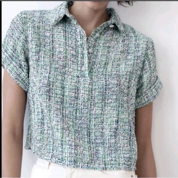 ZARA Short-Sleeve Tweed Crop Top Shirt Women’s Size S Green Blue White Bouclé... - Picture 1 of 10